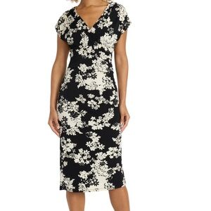 Floral Black and mid-length  White Wrap Dress